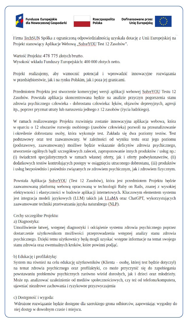 Info na stronę ws Dotacji z UE na Projekt